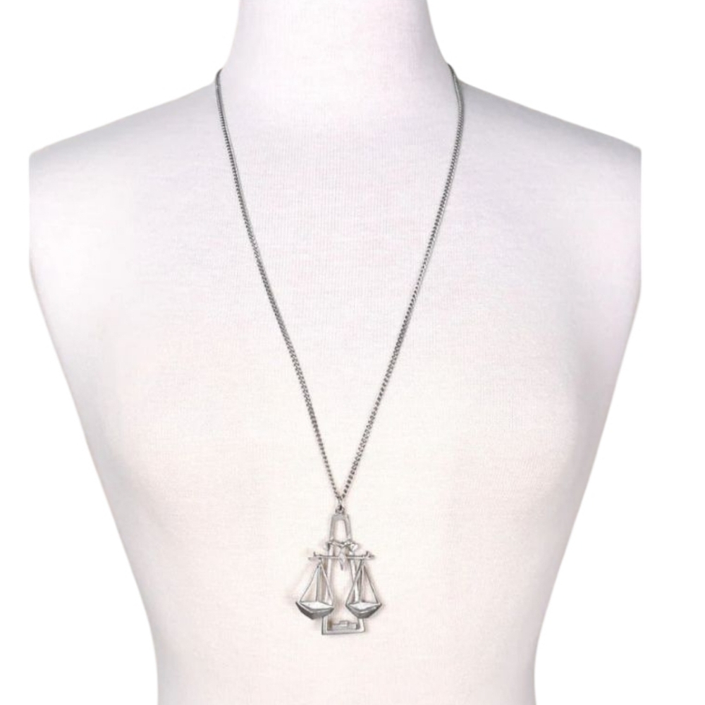 TRUE VINTAGE Libra Scales Necklace Pewter Zodiac Astrology Pendant Y2K 30" - Picture 2 of 8